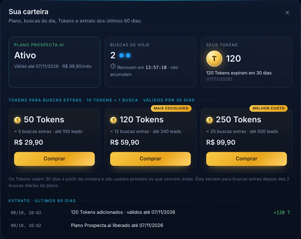 Carteira com plano ativo, buscas do dia e Tokens