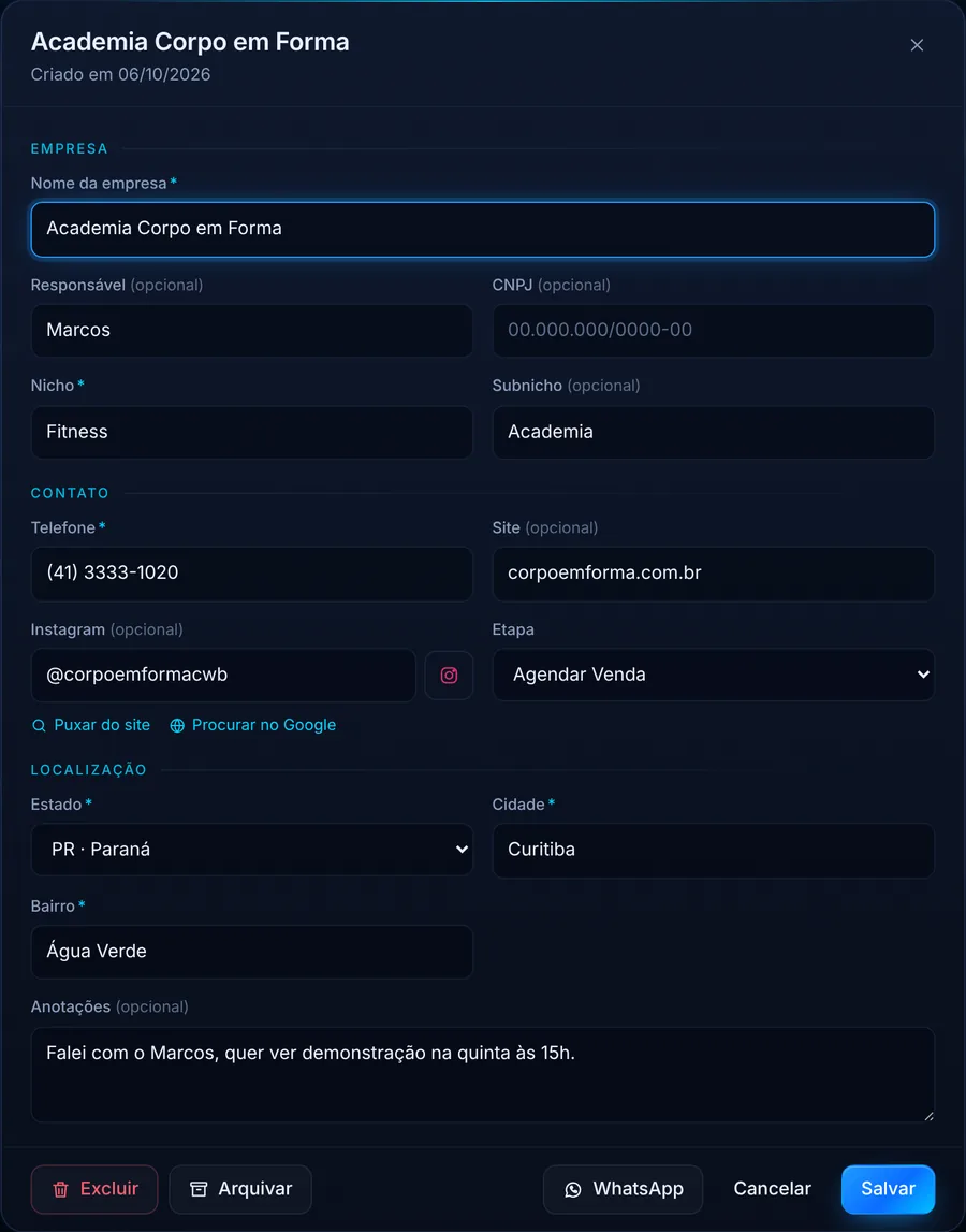 Ficha do lead com contato, Instagram, etapa e anotações